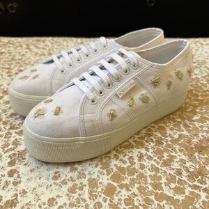 Superga Women's White Platform Embroiled Sneakers with Gold Insect Accents